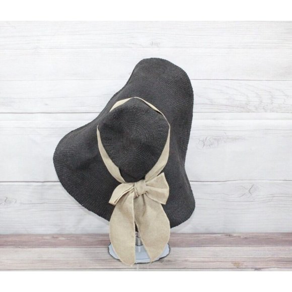 Scala Black 100% Paper Brown Ribbon Wide Brim Floppy Summer Beach Sun Hat - Picture 6 of 10
